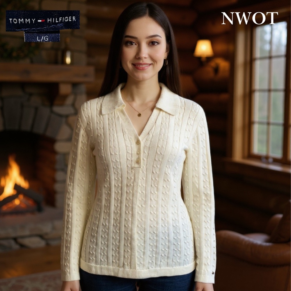 TOMMY HILFIGER L/G NWOT Ivory Cable Knit Cotton V-Neck Collared Sweater